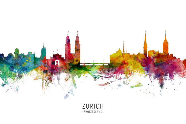 Плакат Zurich Switzerland Skyline Cityscape Painting Watercolor