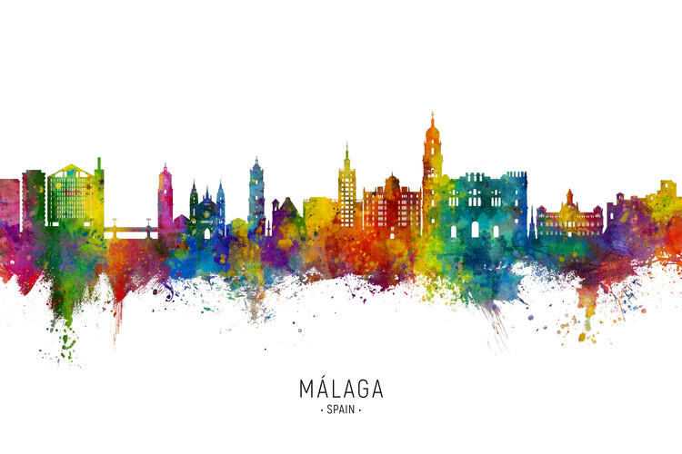 Плакат Málaga Spain Skyline Cityscape Painting Watercolor