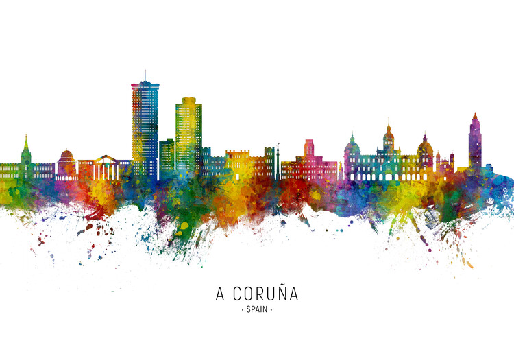 Плакат A Coruña Spain Skyline Cityscape Painting Watercolor