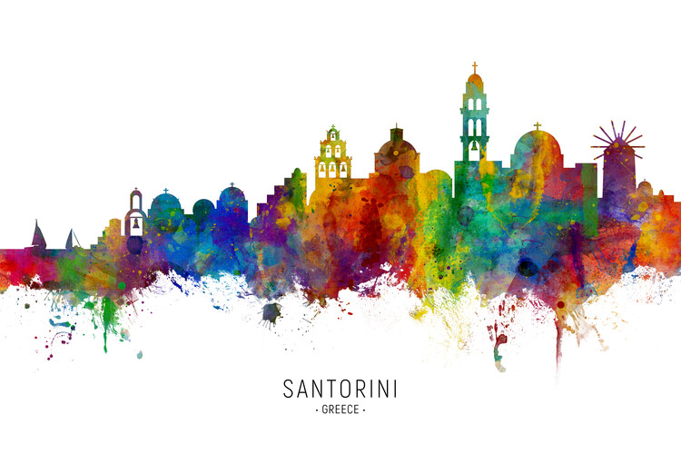 Плакат Santorini Greece Skyline Cityscape Painting Watercolor