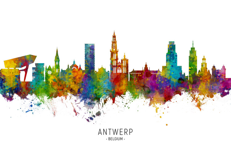 Плакат Antwerp Belgium Skyline Cityscape Painting Watercolor
