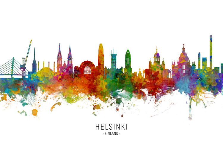 Плакат Helsinki Finland Skyline Cityscape Painting Watercolor