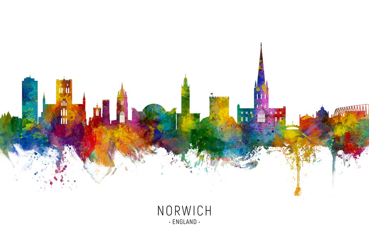 Плакат Norwich England United Kingdom Skyline Cityscape Painting Wa