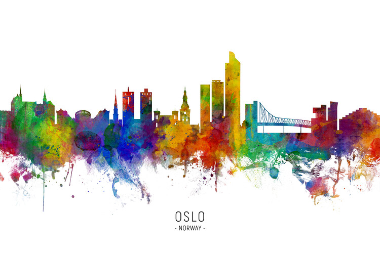 Плакат Oslo Norway Skyline Cityscape Painting Watercolor