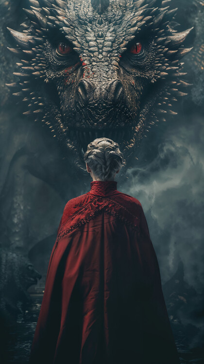 Poster Woman in front of a dragon created with AI