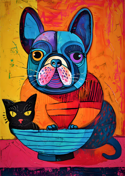 Poster Funny Blue Bulldog and a Black Cat in a Bowl