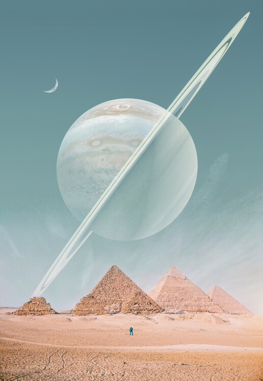Poster Jupiter saturn planet over the Egyptians pyramids