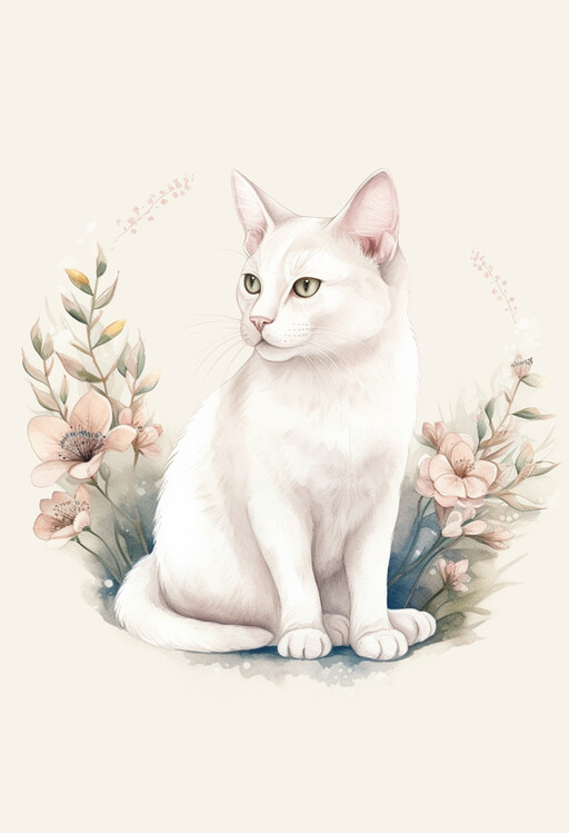 Poster White Cat with Green Eyes and Flowers