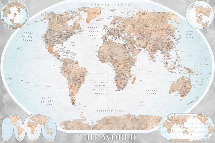 Poster The world map in taupe and blue
