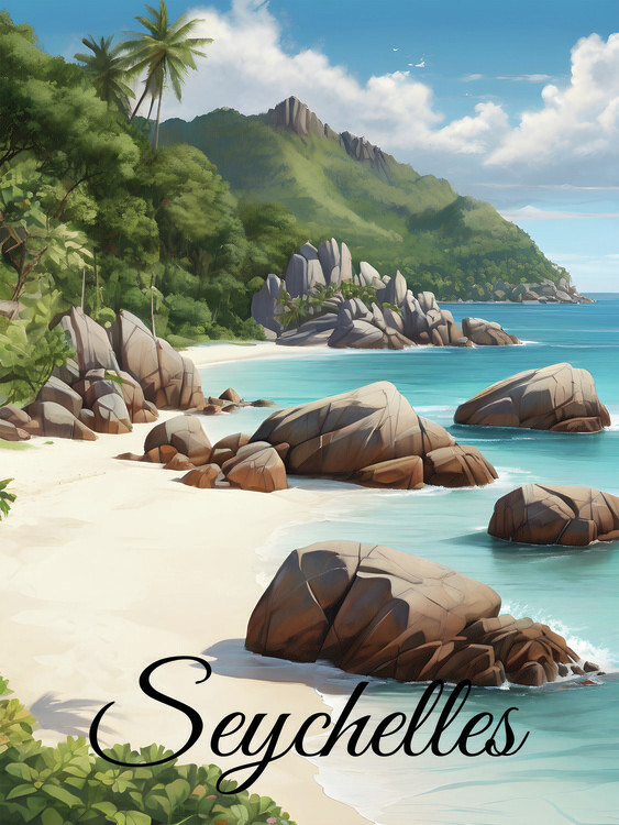 Plakát Seychelles Rocky Beach