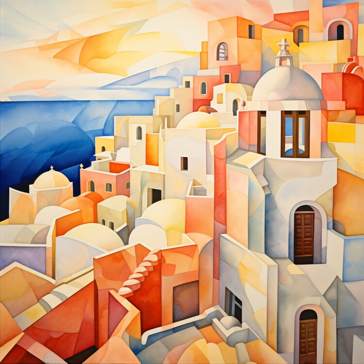 Poster Cubism Santorini looking out at the water, wall art prints