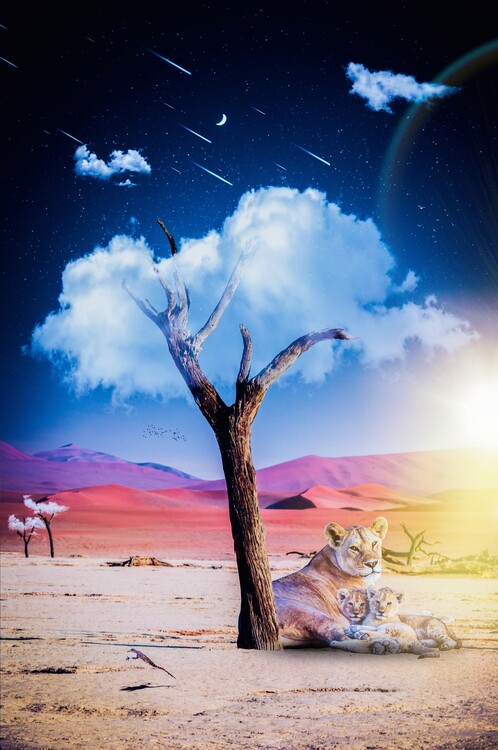 Αφίσα Surreal Cloud tree and lion family