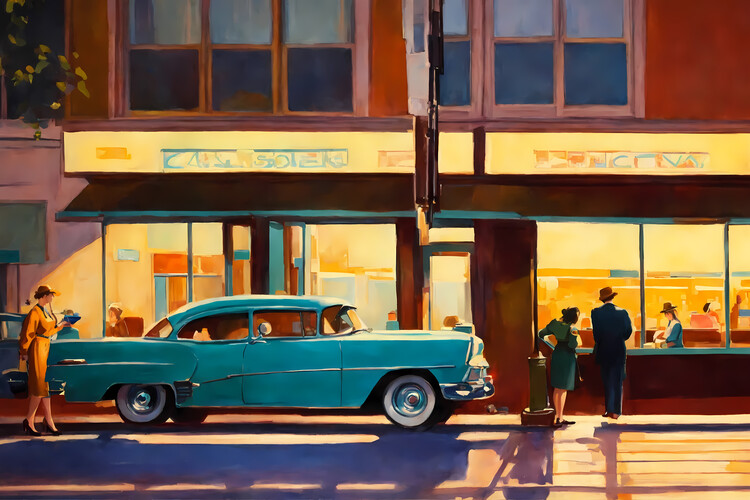 Canvas Print my new blue hot rod in front of the diner