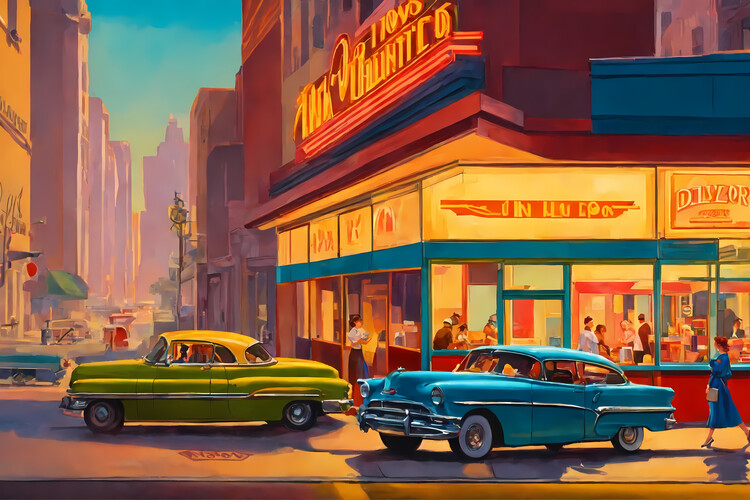 Canvas Print two cars  in front of the diner