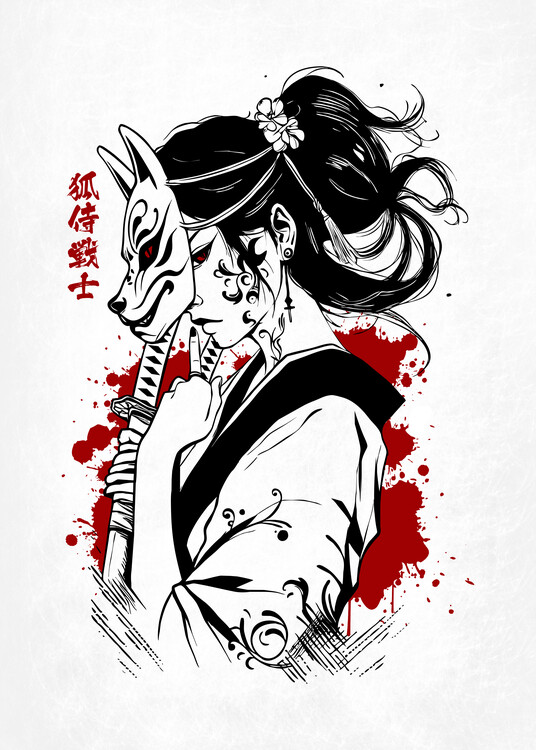 Poster Samurai Girl - Kitsune mask