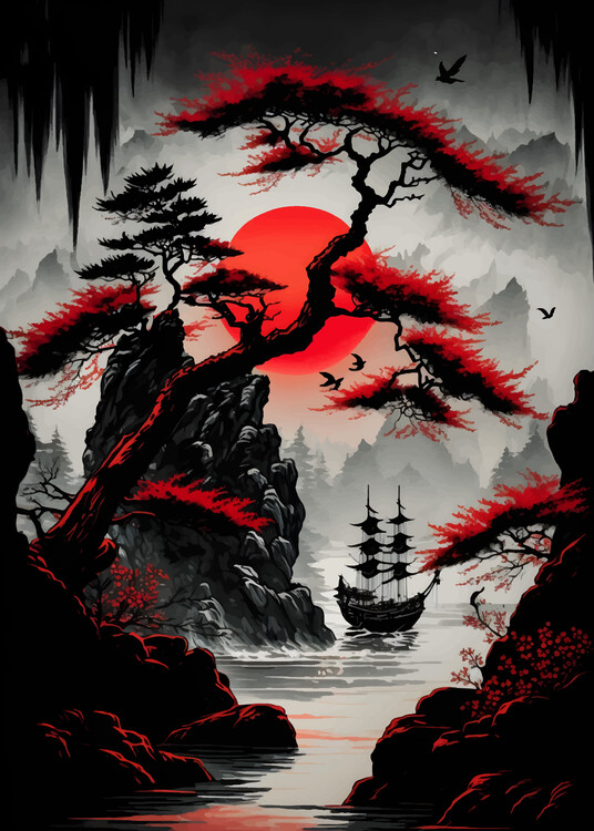 Плакат Red Moon Japan Landscape