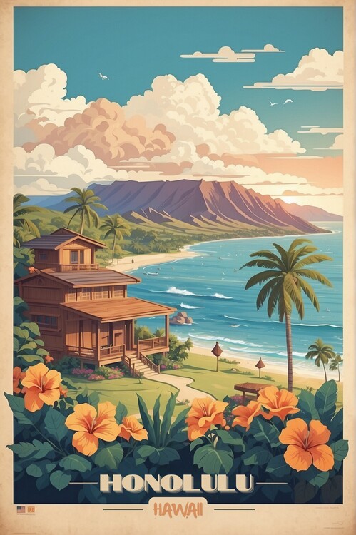 Poster Honolulu Sunset Escape: Vintage Travel Poster