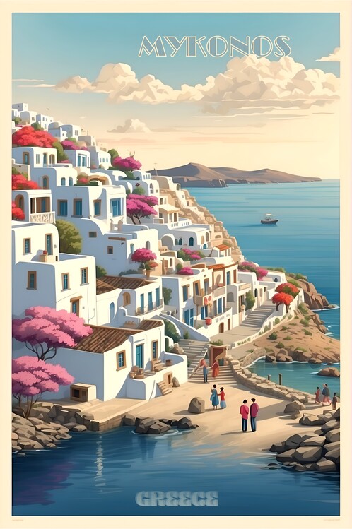 Poster Mykonos Vintage Retro Travel Illustration
