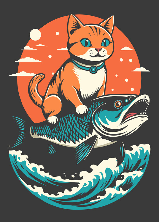 Poster Kitten Rides a Scary Fish