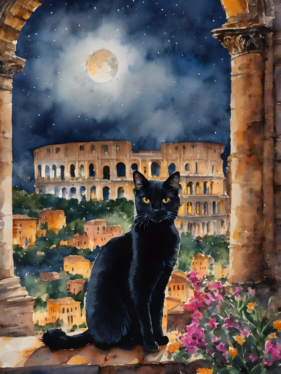Plakát Black Cat at The Colosseum Rome
