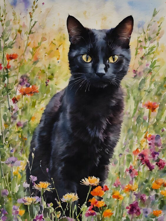 Poster Black Cat Amongst The Wildflowers