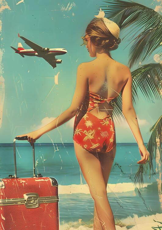 Poster Vintage Beach Landscape Woman Poster Travel Postcard