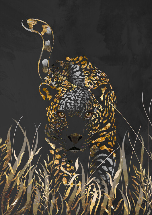Poster Black gold jaguar in grass