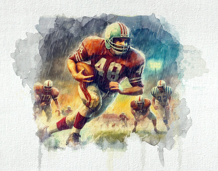 Plakát A framed football art print featuring a player in a red jers