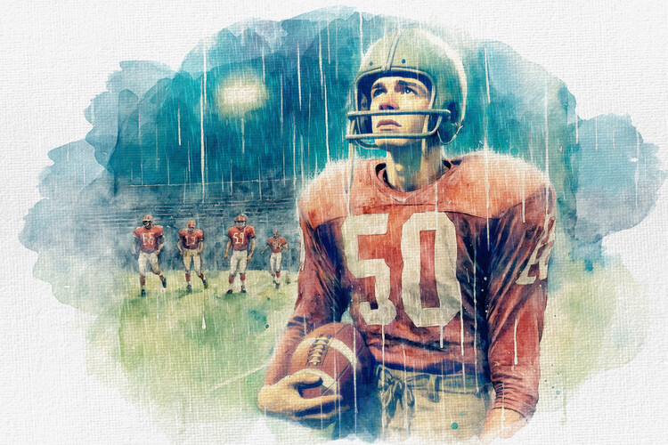 Obraz na plátně Art Print of Football Player in Helmet Holding Football. Wat