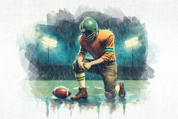 Плакат A football player kneels on the field in the rain,