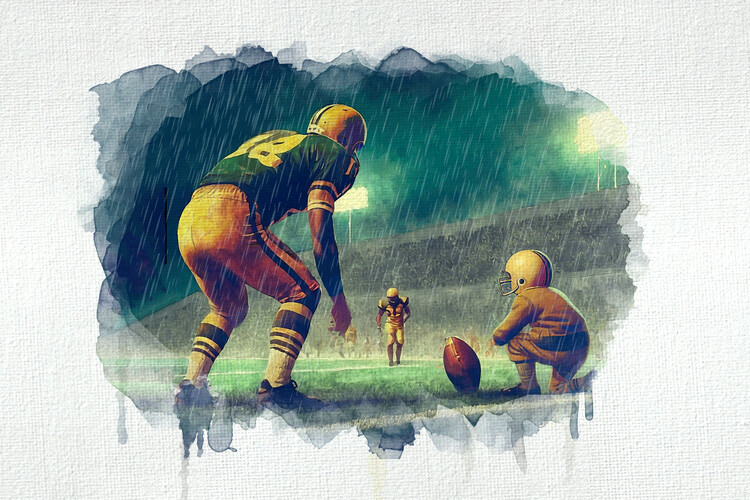 Obraz na plátně Nostalgic Rainy game Day Scene: Football Player and Child
