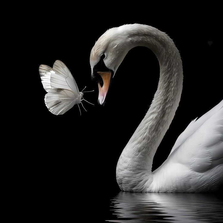 Принти на полотні A beautiful swan & a white butterfly kissing, canvas prints