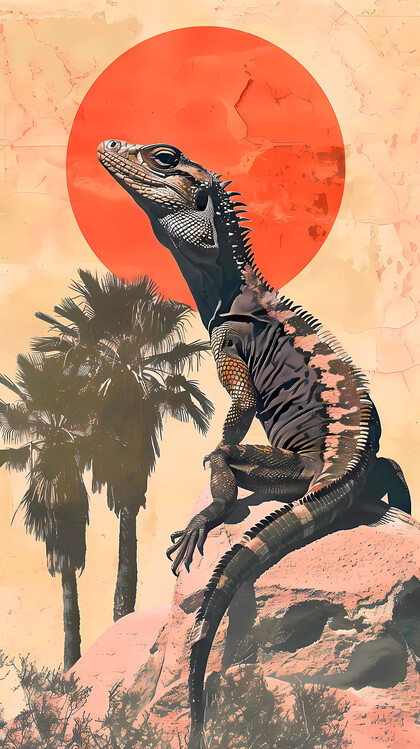 Poster A lizard taking sunbath on a rock with a Palm background