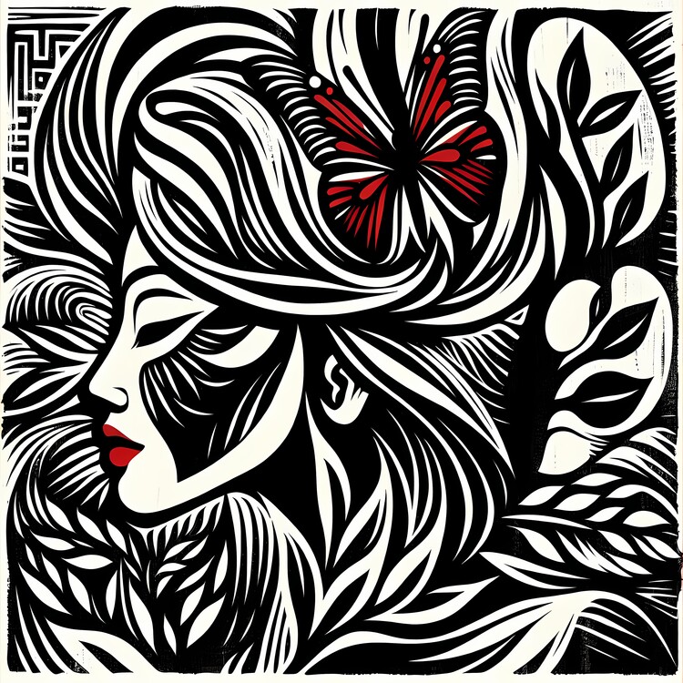 Poster Red Lips Portrait with Butterfly