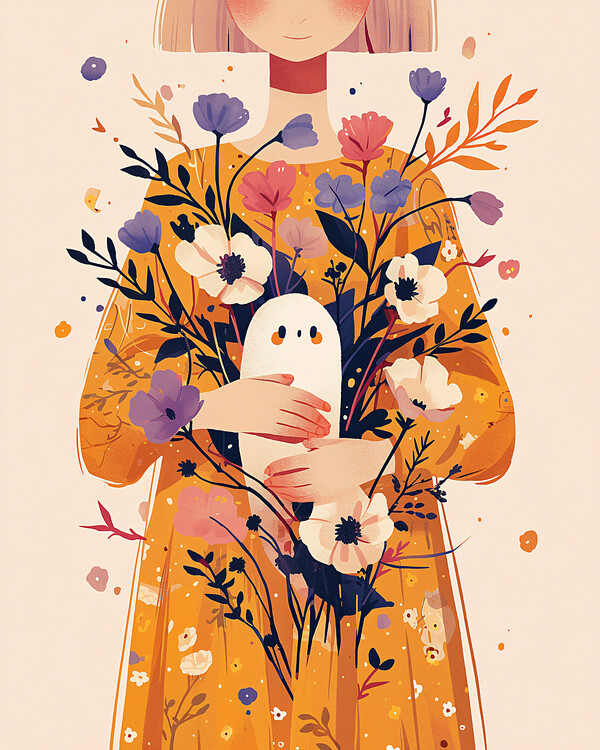 Poster Cute Retro Floral Ghost aesthetic Boho art print, wall decor