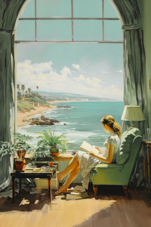 Poster Reading Time in Paradise in the style of Edward Hopper