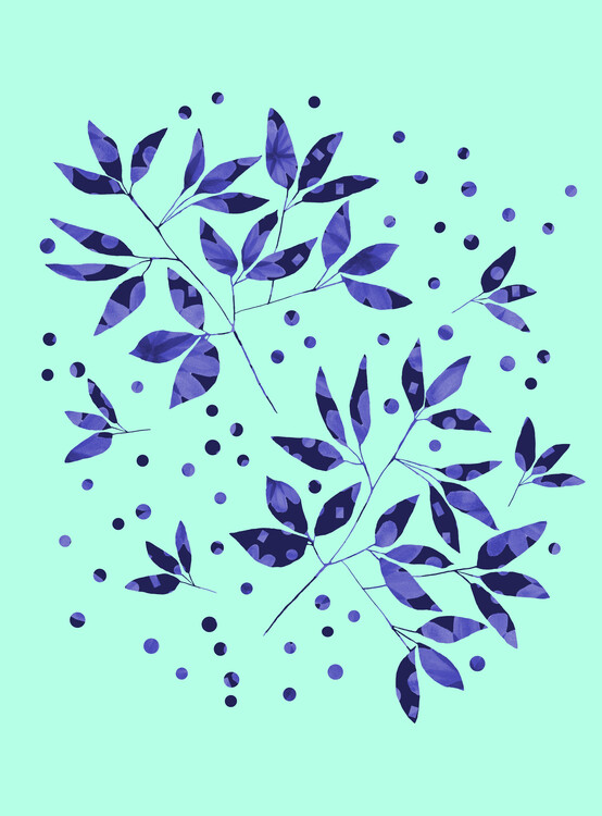 Poster Floral Branches Blue Pattern On Mint