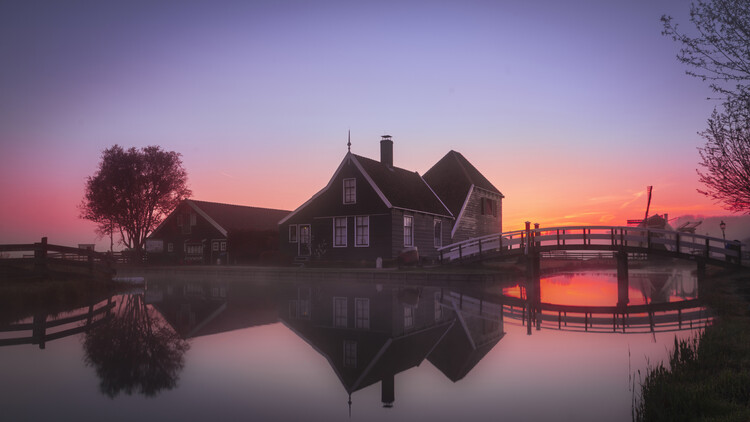 Canvas Print Amanecer noc niebla en Zaanse Schans