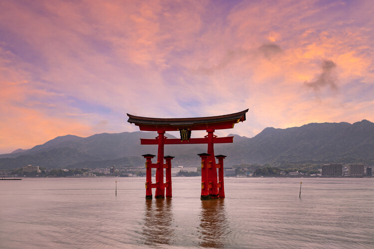 Poster Japan Itsukushima Shrine on the island of Miyajima at sunset
