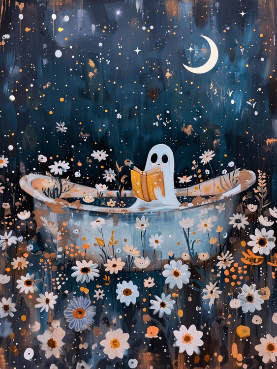 Плакат Botanical Ghost Reading in the Bath Under Moon and Stars
