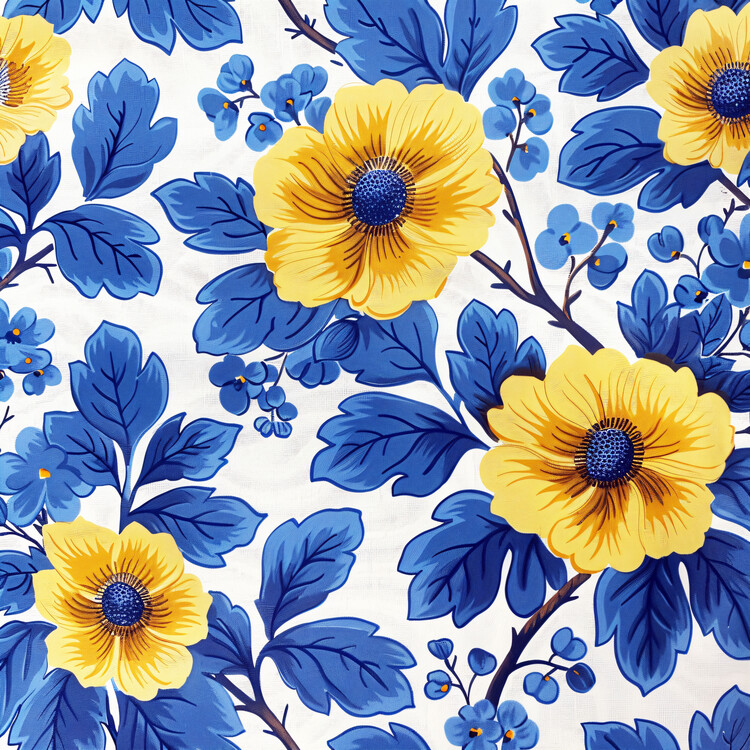 Poster Blue & yellowBlue &  floral block pattern, Wall Art Prints