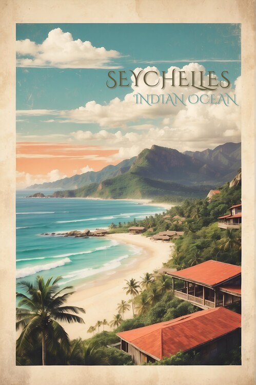 Poster Vintage Seychelles Illustrations: Exotic Island Paradise