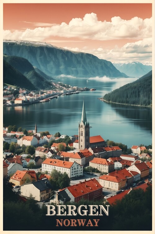 Poster Vintage Bergen Illustrations: Captivating Norwegian Charm