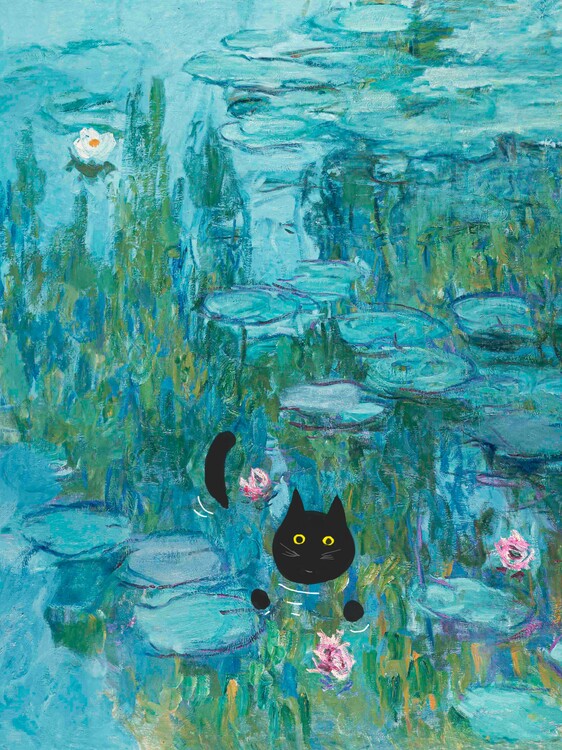 Плакат Black Cat in Monet's Waterlilies