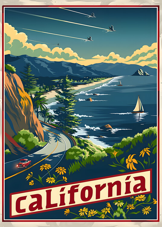 Poster California Exploring the Globe: Vintage-Style Travel Posters