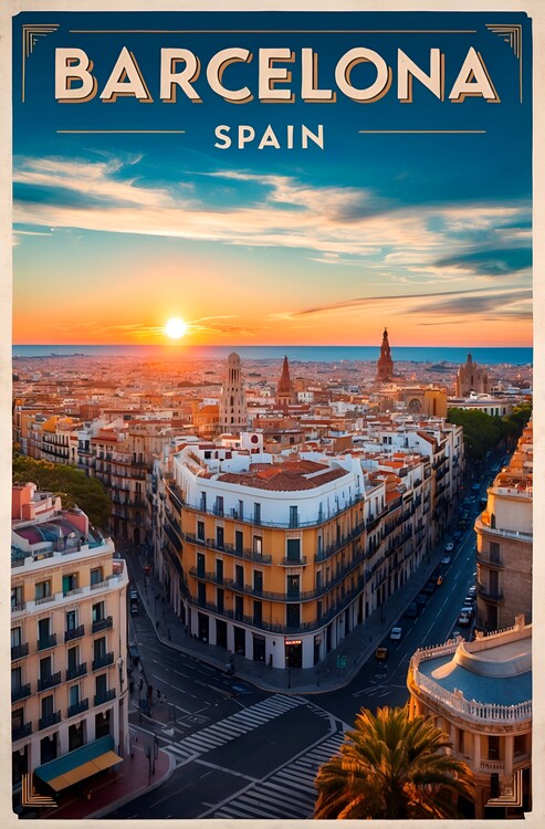 Poster Vintage Aerial Illustration of Barcelona: Iconic Landscape