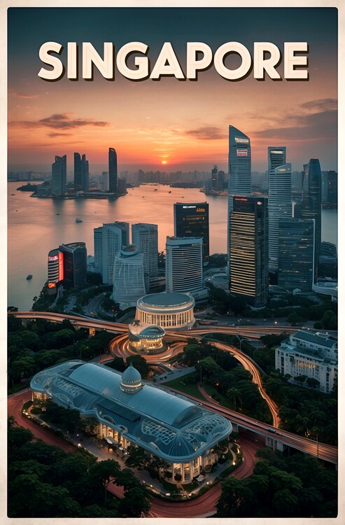Poster Vintage Aerial Illustration of Singapore: Iconic Skyline
