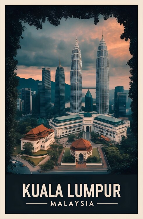 Poster Retro Kuala Lumpur Bird's Eye View Art: Classic Cityscapes