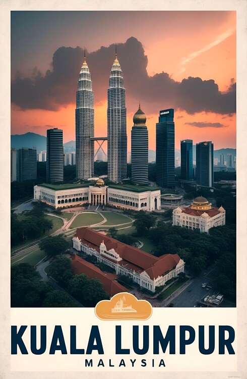 Poster Vintage Aerial Illustration of Kuala Lumpur: Timeless City