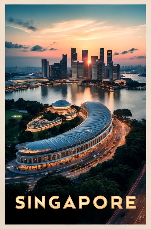 Poster Retro Singapore Bird's Eye View Art: Historic Cityscapes